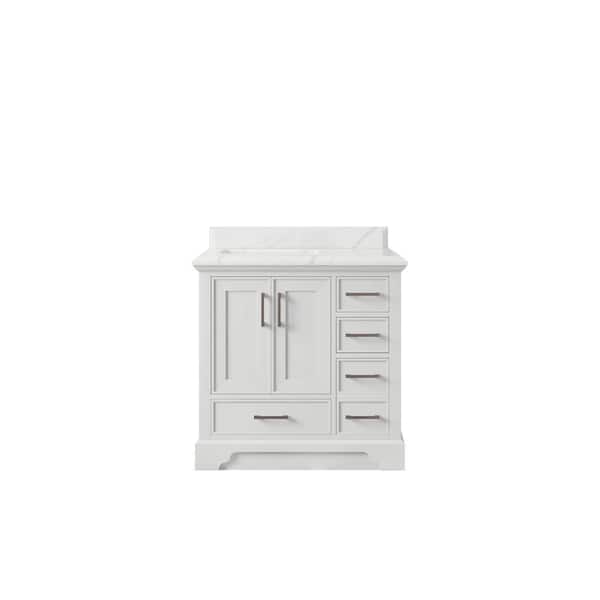 Willow Collections Charlotte 36 in. Left Offset Sink Freestanding White Bath Vanity with Calacatta Laza Qt. Top Unassembled