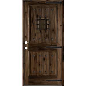 36 in. x 80 in. Mediterranean Knotty Alder Right-Hand/Inswing Glass Speakeasy Black Stain Solid Wood Prehung Front Door