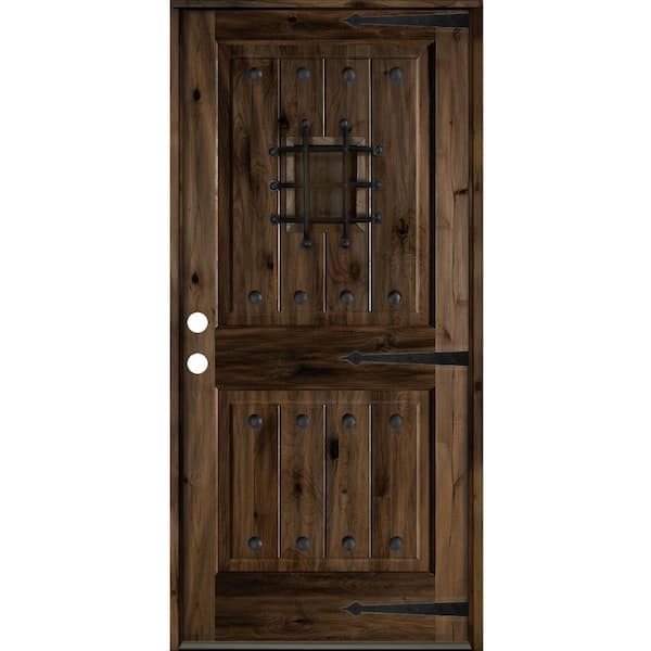 Krosswood Doors 42 in. x 80 in. Mediterranean Knotty Alder Right-Hand/Inswing Glass Speakeasy Black Stain Solid Wood Prehung Front Door
