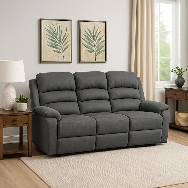Benjara 74 in. Pillow Top Arm Fabric Rectangle Manual Recliner Sofa in Gray