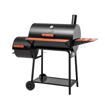Barrel Charcoal Grill in Black with Offset Smoker, 811 sq. in. Cooking Space, Wood-Painted Side Table