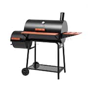 Barrel Charcoal Grill in Black with Offset Smoker, 811 sq. in. Cooking Space, Wood-Painted Side Table