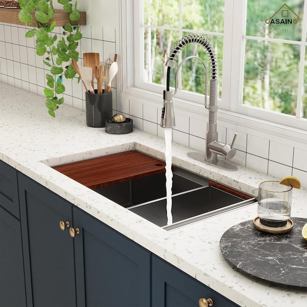 All-in-One 32 in. Undermount Single Bowl 16 Gauge Nano Brushed Stainless Steel Workstation Kitchen Sink with Faucet