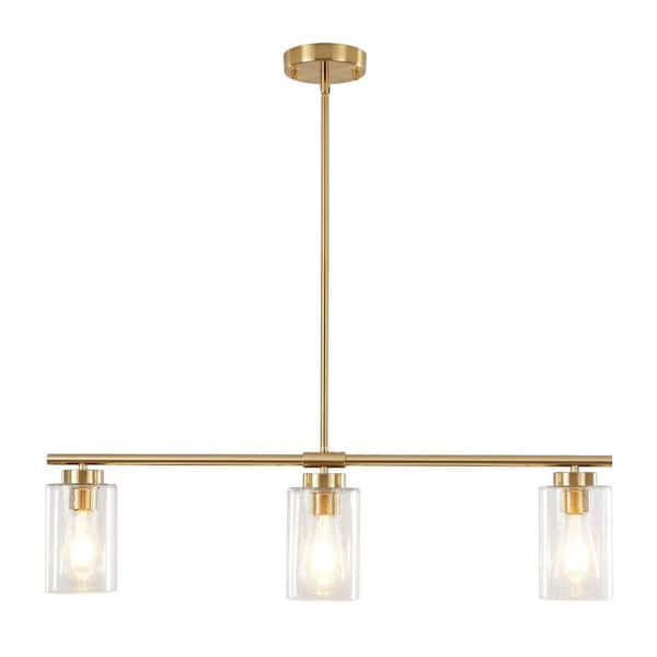 31.22 In. 3-Light Gold Pendant Light with Bubble Glass Shades, Modern Linear Chandelier for Kitchen Island Dining Table