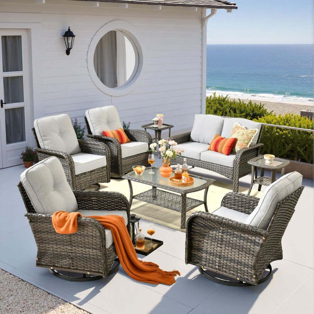 Hot Sale Atlas Gray 8-Piece Wicker Outdoor Sectional Patio Conversation Set with 4-Swivel Rocking Chair and Gray Cushion price history on PriceWatchPro