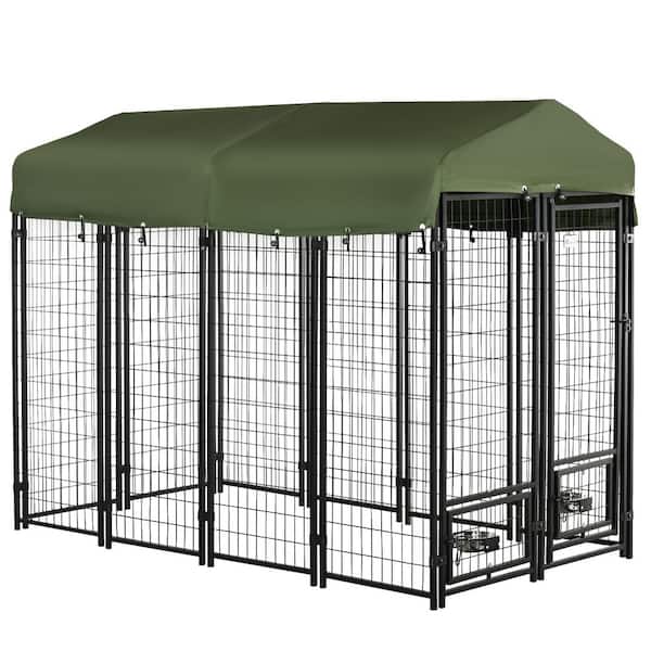 PawHut 0.0007-Acre Black Steel In-Ground Dog Fence Dog Kennel with Canopy, Rotating Bowl Holders