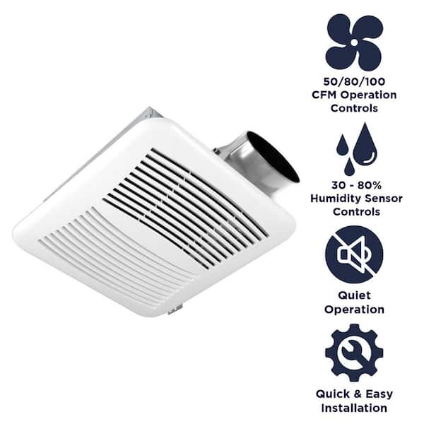 Slim Line Series 50/80/100 CFM Ceiling/Wall Bathroom Exhaust Fan with Humidity Sensor, ENERGY STAR Slim Line Series 50/80/100 CFM Ceiling/Wall Bathroom Exhaust Fan with Humidity Sensor, ENERGY STAR