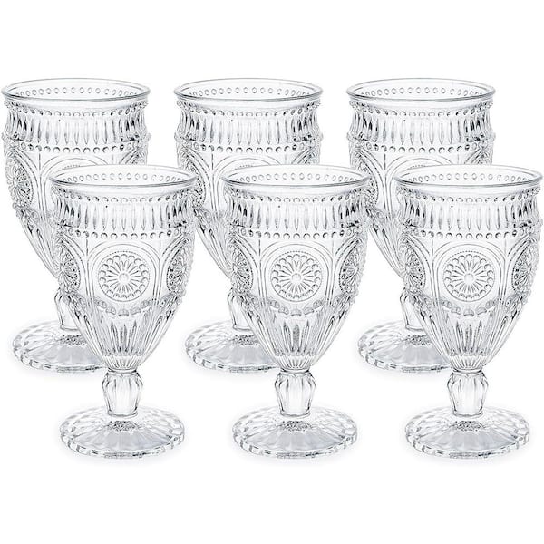Vintage Goblet Glasses Set of 6, 10 oz. Heavy-Duty Pressed Glass Wine Glasses with Ornate Design, for Dining or Party