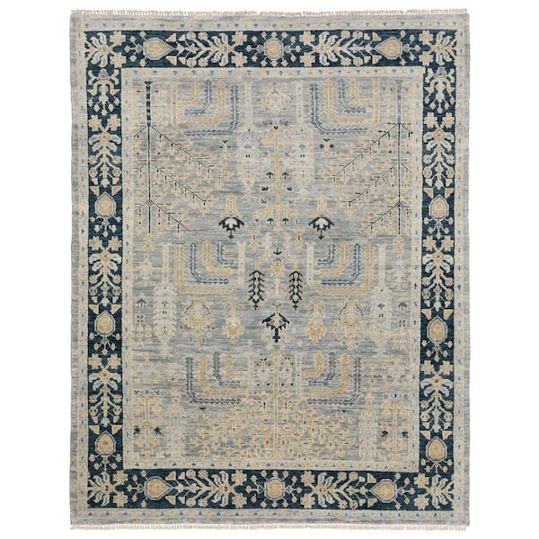 Majestic Gray/Blue 9 ft. x 12 ft. Floral Botanical Hand-Knotted Wool Fringed-Edge Indoor Area Rug