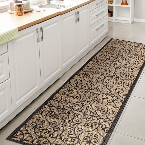 Black/Khaki 2 ft. x 20 ft. Runner Madrid Vintage Filigree Textured Weave Indoor/Outdoor Area Rug