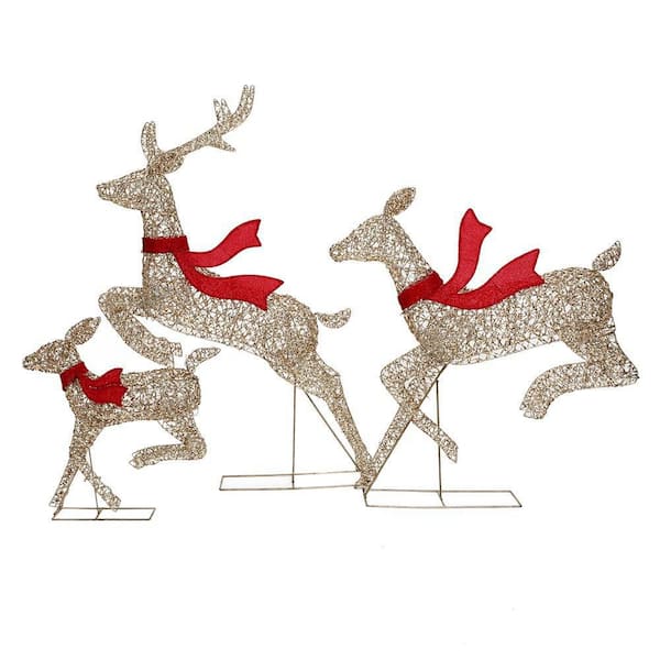 54 in. 3-Piece Champagne Gold PET Running Deer Family Outdoor Christmas Decoration with Lights