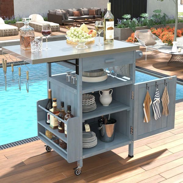 Blue Grey Kitchen Cart with Drawers; Drop Leaf; Locking Casters; Shelf; Spice Rack; Wheels