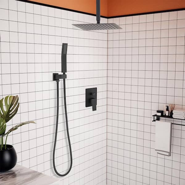 Single-Handle 2-Spray 16 in. Ceiling Mount Rainfall Shower Heads Brass Construction Hand Shower Faucet in Matte Black