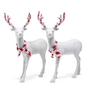 Red and White Peppermint Christmas Reindeer - Holiday White Deer Figurine Statues with Antlers Centerpiece (Pack of 2)