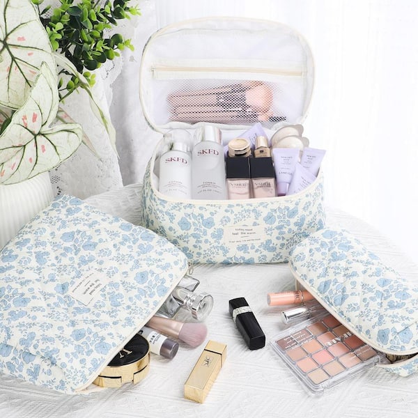 cute travel makeup bags Paterr Bag Set 3 Pcs Large Quilted Cotton Make up for Women Cosmetic Toiletry Organizer Pouch Aesthetic Storage Purse(White,Little Flower) : Beauty & Personal Care No need for multiple makeup bags for women New Luxury 3 Pcs Quilted