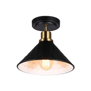 9.25 in. 1-Light Gold Industrial Semi-Flush Mount Ceiling Light With Black Metal Shade