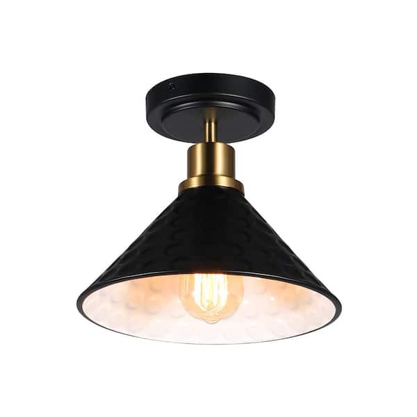 pasentel 9.25 in. 1-Light Gold Industrial Semi-Flush Mount Ceiling Light With Black Metal Shade