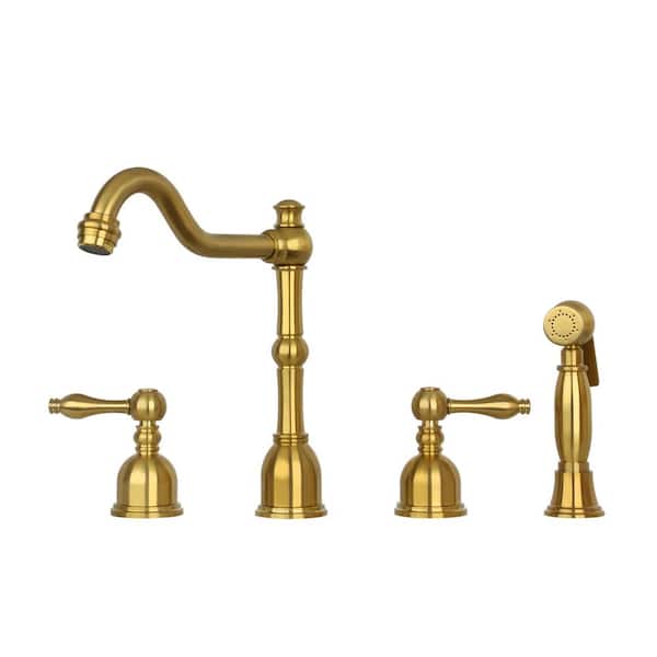 Akicon 2-Handles Deck Mount Standard Kitchen Faucet with Side Spray in Brushed Gold