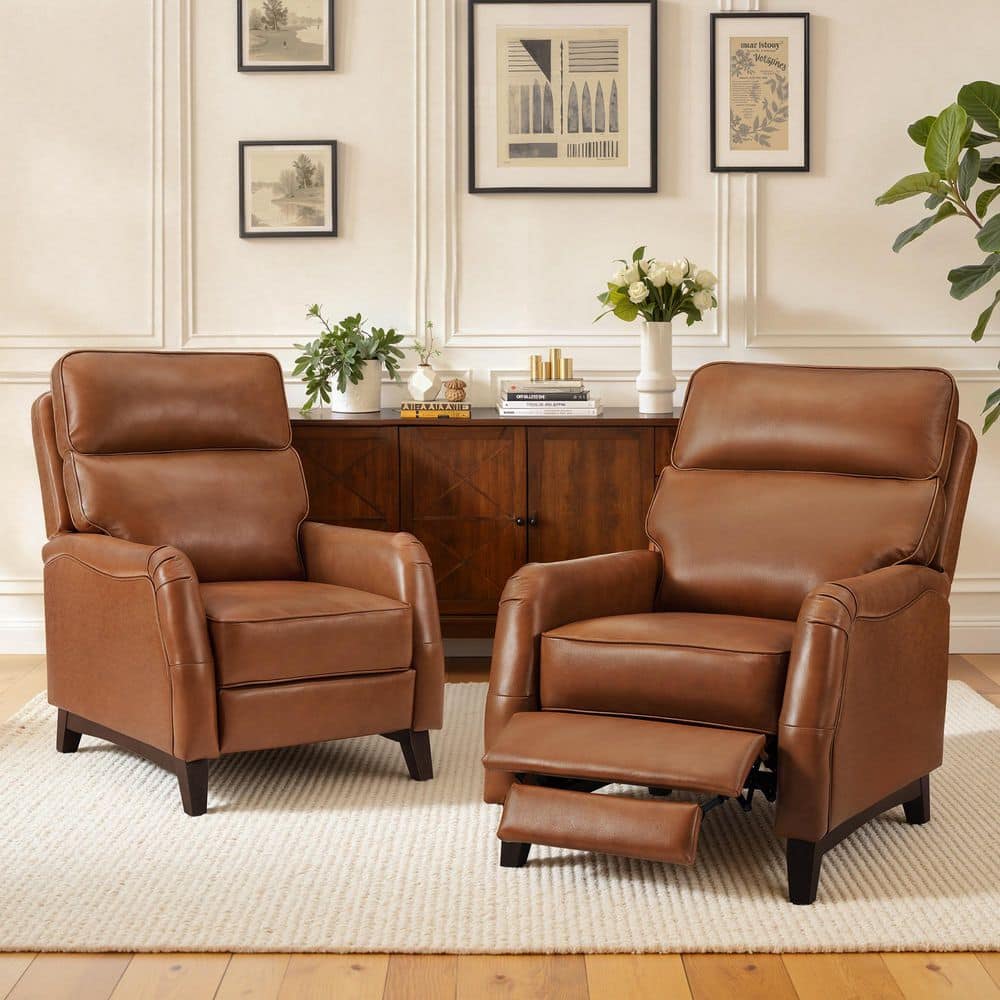 Cognac Brown Modern Genuine Leather Recliner Accent Chair with Solid Wood Legs and Adjustable Footrest (Set of 2) price history on PriceWatchPro