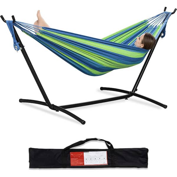 Unbranded 9 ft. 2-Person Heavy Duty Double Hammock with Space Saving Steel Stand, 450 lbs. Capacity and Carrying Bag in Blue/Green