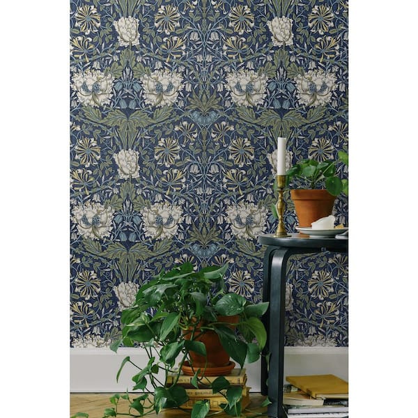 Indigo Dye and Thyme Ogee Flora Unpasted Nonwoven Paper Wallpaper Roll 57.5 sq. ft.
