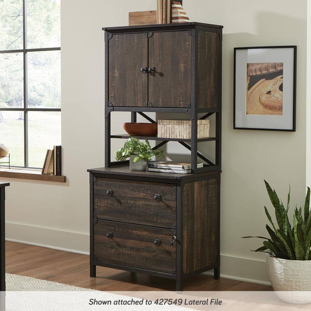 Carbon Oak Industrial China Cabinet with Metal Frame