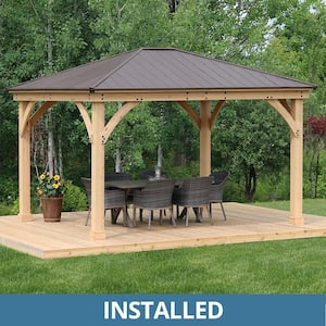 Professionally Installed Meridian 12 ft. x 14 ft. Premium Cedar Outdoor Patio Shade Gazebo with Brown Aluminum Roof