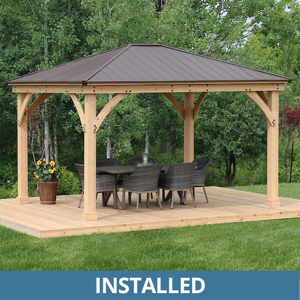 Professionally Assembled Meridian 12 ft. x 14 ft. Premium Cedar Outdoor Patio Shade Gazebo with Brown Aluminum Roof
