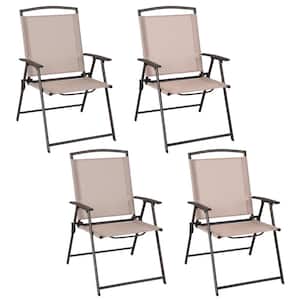4 -Piece Patio Folding Sling Dining Chairs Armrests Steel Frame Outdoor Beige