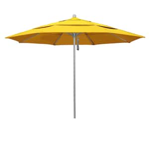 11 ft. Gray Woodgrain Aluminum Commercial Market Patio Umbrella FiberglassRibs Pulley Lift in Sunflower Yellow Sunbrella