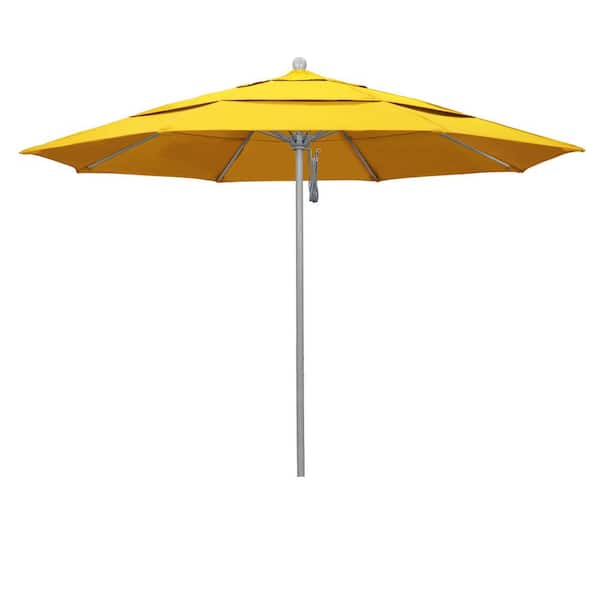 California Umbrella 11 ft. Gray Woodgrain Aluminum Commercial Market Patio Umbrella FiberglassRibs Pulley Lift in Sunflower Yellow Sunbrella
