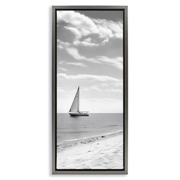 Lonely Sailboat View by LSR Design Studio Gray Floater Frame Typography Graphic Art Print 31 in. x 15 in.