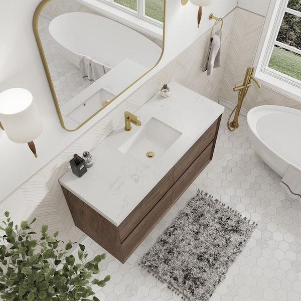 Aeroline 48in. W x 19.29in. D x 25.59in. H Single Sink Float Antique Oak Bath Vanity with Sar White Engineered Stone Top