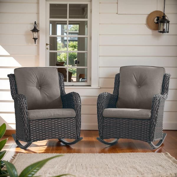 Opohoro ArcoBay Metal and Brown Wicker Outdoor Rocking Chair with Olefin Gray Cushions (2-Pack)