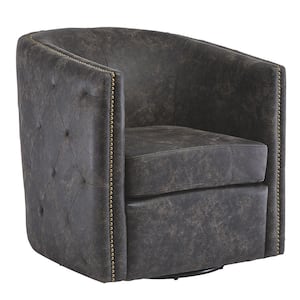 Black Leather Swivel Accent Chair with Barrel Back