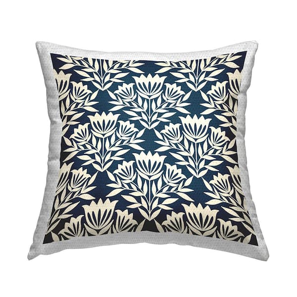 Traditional Cream Flower Bouquet Repeating Pattern Blue Square Outdoor Throw Pillow