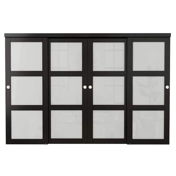 120 in. x 80 in. 3-Lite Black Tempered Frosted Glass Closet Sliding Door with Hardware