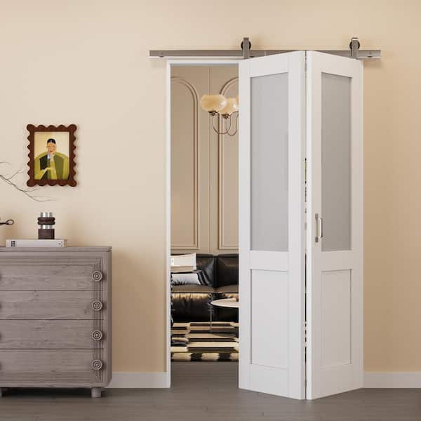 ARK DESIGN 48 in. x 80 in. 1/2 Lite Tempered Frosted Glass White Primed Glass Bifold Sliding Barn Door with Hardware Kit