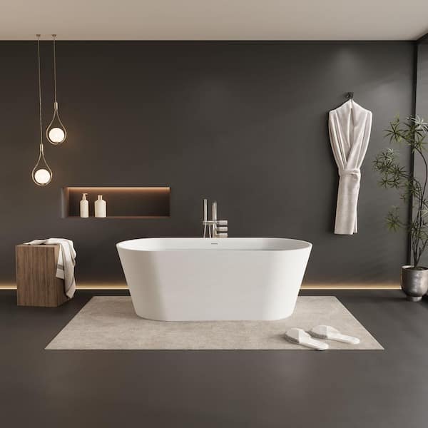 65 in. x 29.5 in. Stone Resin Flatbottom Solid Surface Freestanding Double Slipper Soaking Bathtub in White