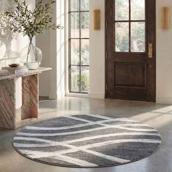 Adirondack Charcoal/Ivory 6 ft. x 6 ft. Round Striped Area Rug