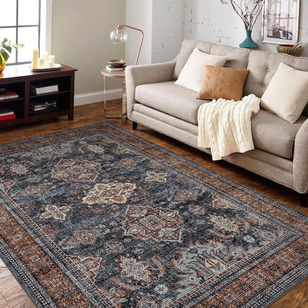 Oriental Home Decor Soft Foldable Indoor Machine Washable Blue Orange 8 ft. x 10 ft. Area Rug