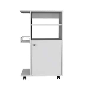 White MDF Wood Kitchen Cart with Single Door Cabinet and Four Casters