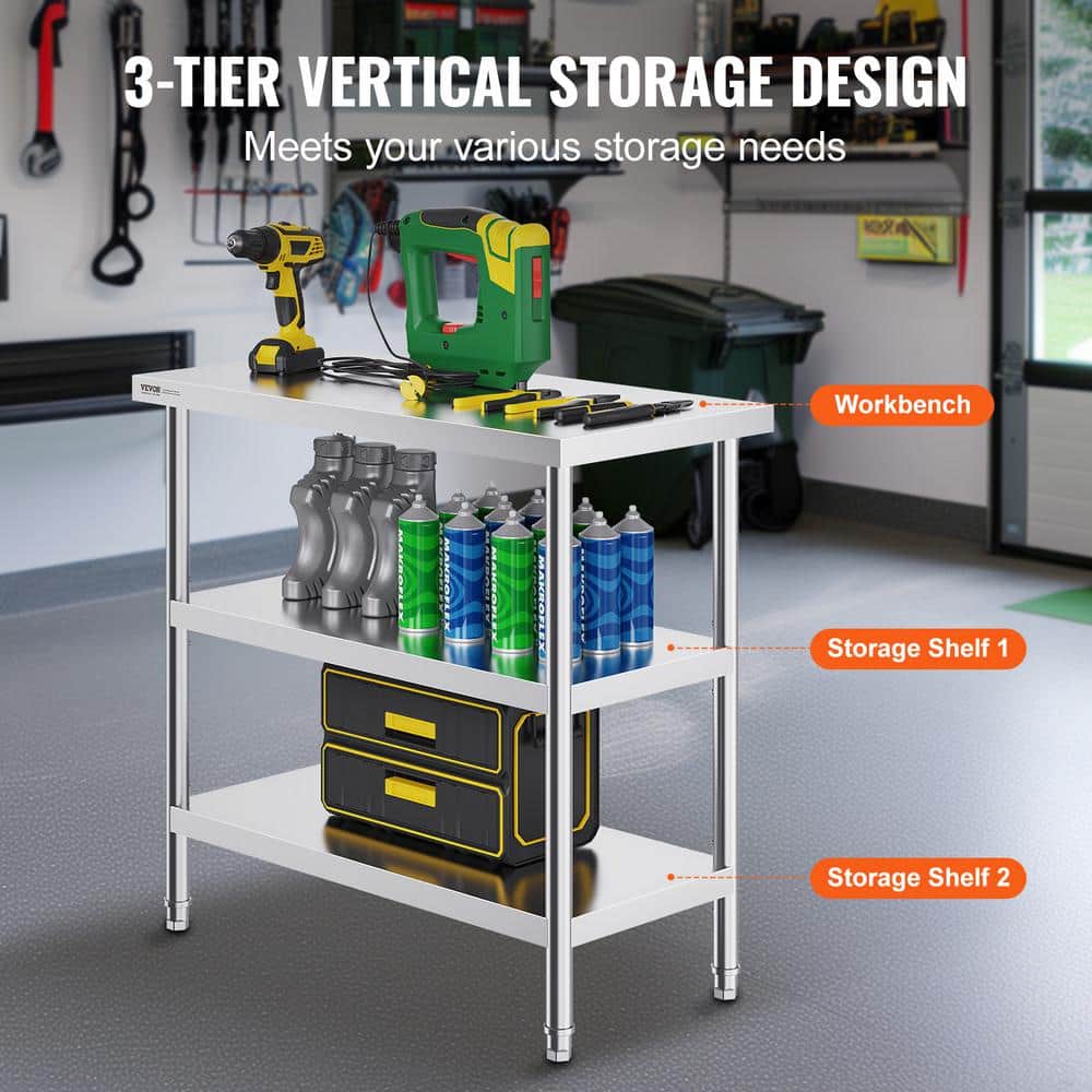 VEVOR 18 x 36 x 34 Inch Stainless Steel Kitchen Work Table with Adjustable Shelves