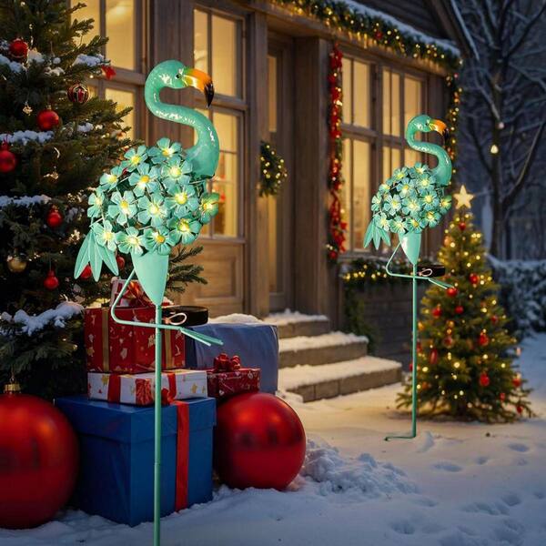 39 in. Blue Metal Solar Flamingo Garden Lights D0DRKCL6BR - The