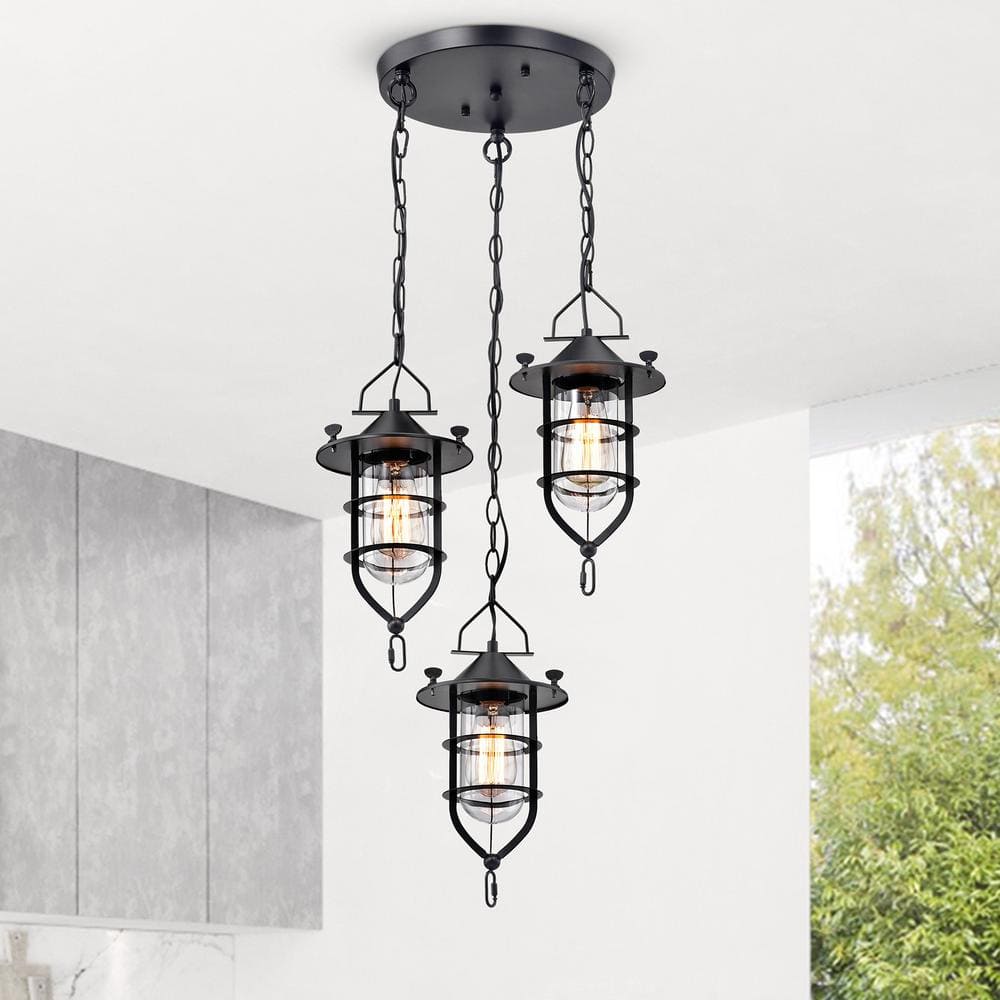 Modern Black and Brown 3-Light Chandelier with Glass Shades