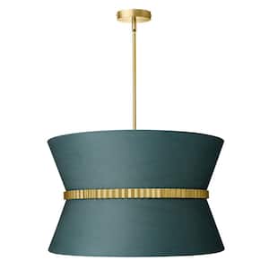 Coyoacan, 24 in. 4-Light Brushed Gold Chandelier with Green Fabric Shade
