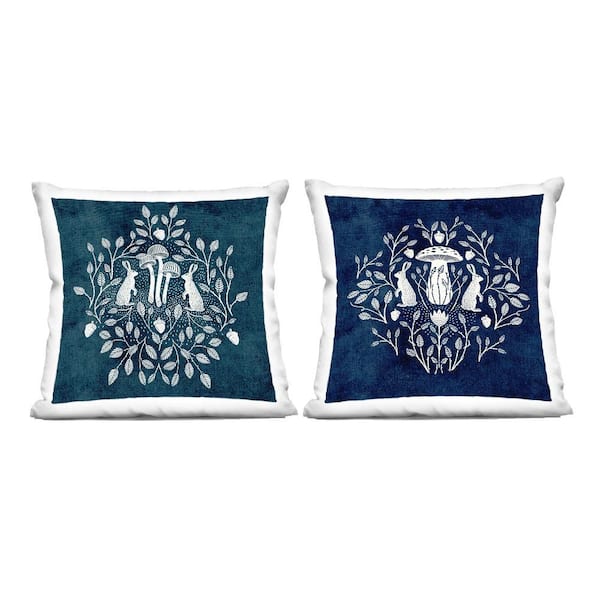 Stupell Industries Boho Mirrored Floral Bunnies Blue Floral Polyester 18 in. X 18in. Throw Pillow, Set of 2