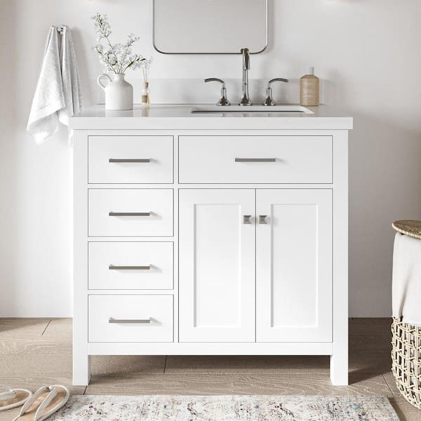 ARIEL Bristol 37 in. W x 22 in. D x 36 in. H Freestanding Bath Vanity in White with Pure White Quartz Top