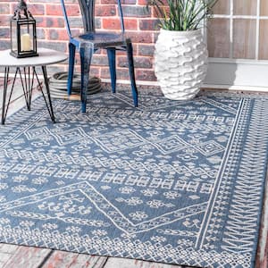 Kandace Tribal Blue 5 ft. x 8 ft. Indoor/Outdoor Patio Area Rug