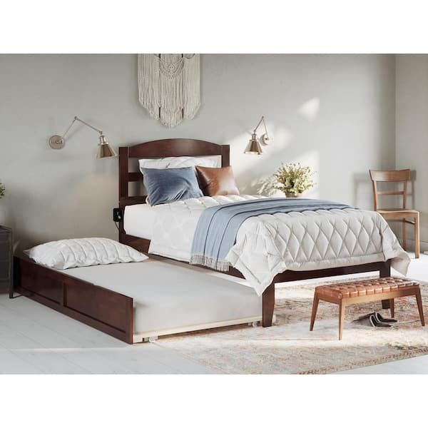 AFI Warren 38-1/4 in. W Walnut Twin Solid Wood Frame with Twin Pull Out Trundle Bed a USB Device Charger Platform Bed